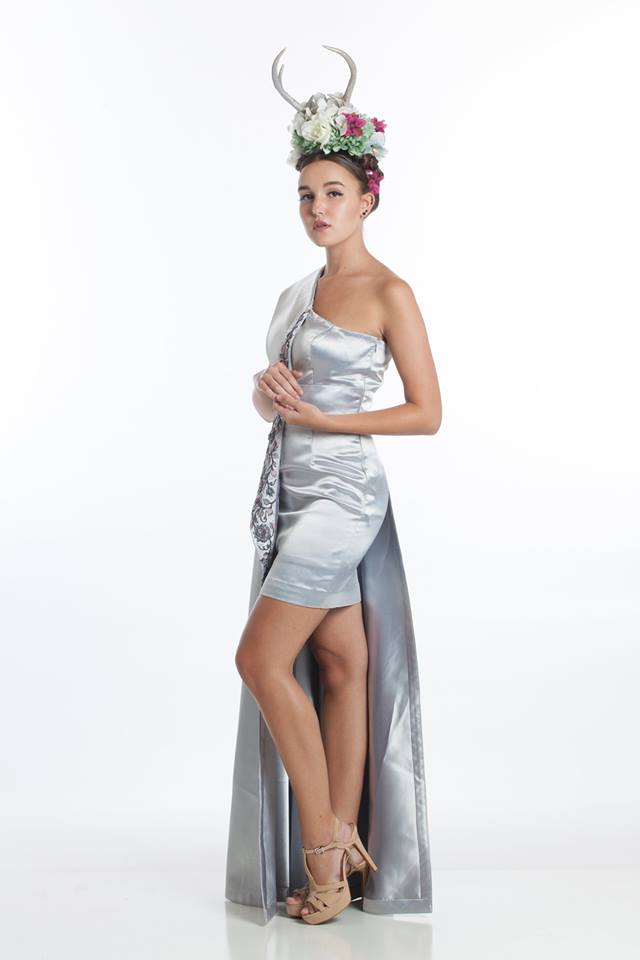 mini dress with half-train, one off-shoulder