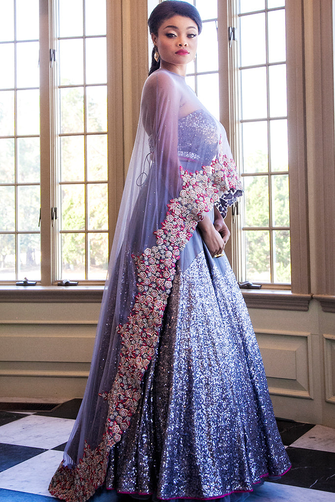 Sequin Lehenga, Choli and Cape set